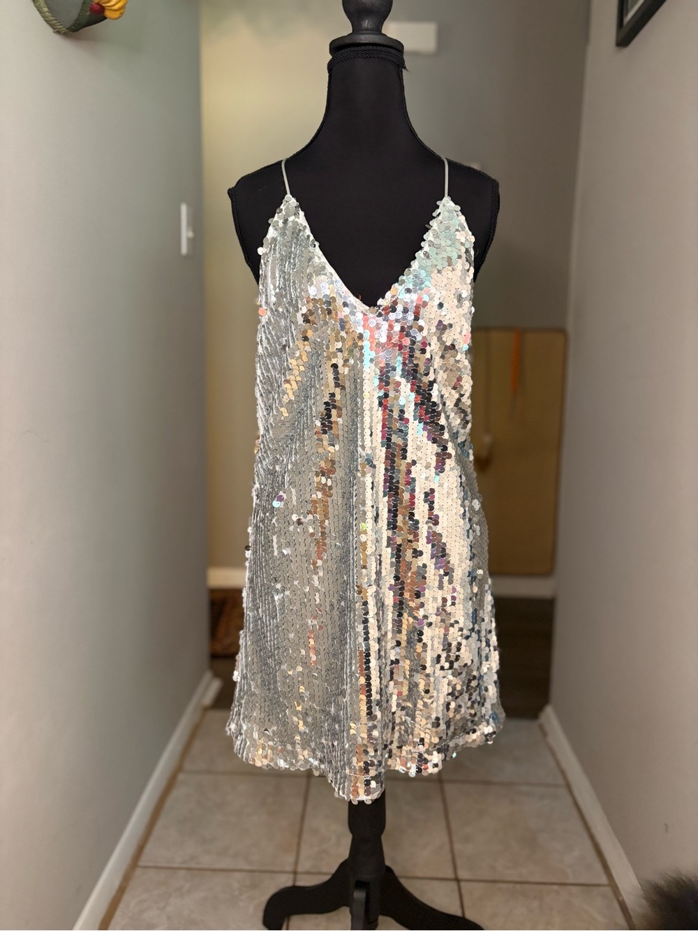 Silver Sequin Backless Slip Dress with Thin Straps